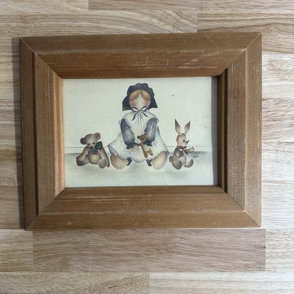 Vintage Girl With Teddy Bears And Bunny Oak Wood Framed Photo